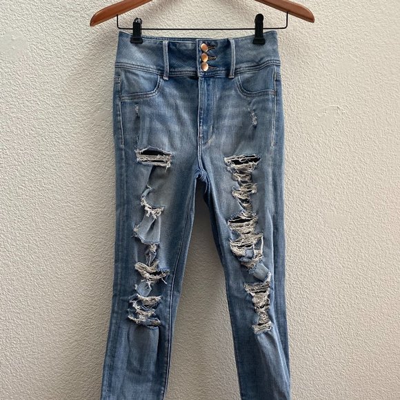 American Eagle Super Hi-Rise Jegging Distressed 4 Regular 26.5 Inch Inseam - Picture 1 of 5
